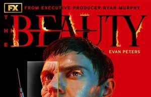 Ryan Murphy Horror Series The Beauty Debuts on FX, Hulu Evan Peters and cast stand before a glowing FX logo at The Beauty premiere event.