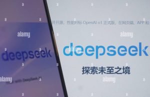 DeepSeek AI Launches in China Backed by Hedge Fund Liang Wenfeng stands at a podium announcing DeepSeek's founding in Hangzhou, with AI data streams displayed on a screen behind him.