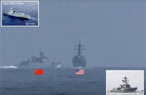 Chinese Destroyer Cuts Off US Warship in Taiwan Strait Chinese Luyang III-class destroyer crossing the bow of the USS Chung-Hoon in the Taiwan Strait, with warships close together